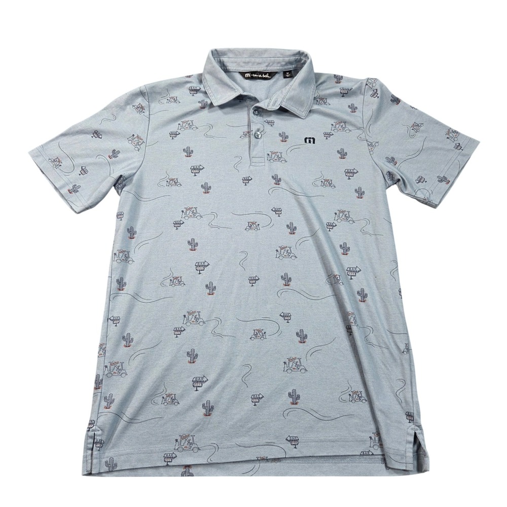 TravisMathew Polo Shirt Mens Medium Blue Golf Cart Cactus Print